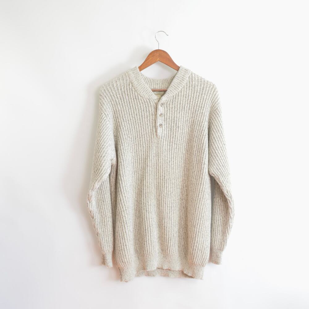 blue and white marled knit cotton quarter button vintage ll bean sweater